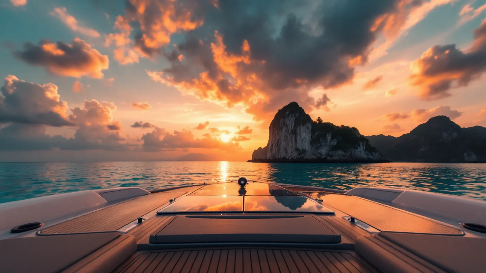 Luxury motor yacht on Andaman Sea with Phuket limestone coastline silhouette at golden hour