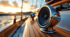 Marine-grade outdoor speakers on teak deck of luxury motor yacht at Andaman Sea golden hour — Clubtek Thailand