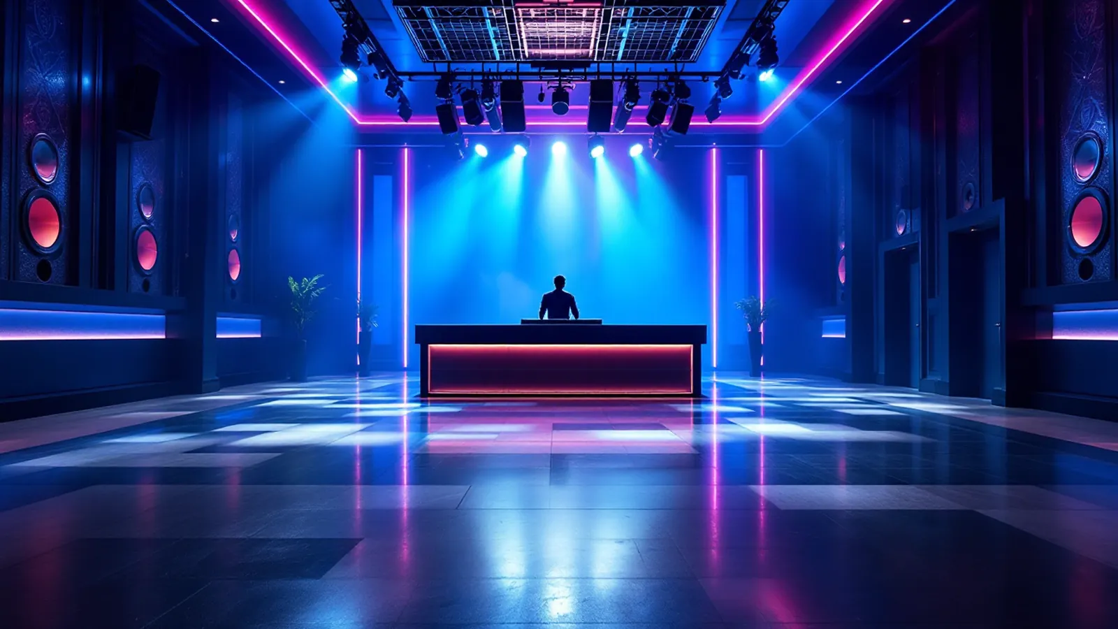 Wide architectural view of empty modern Thai nightclub interior at pre-opening with DJ booth and line array speakers