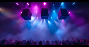 Professional line array speakers above a modern Thai nightclub stage — Clubtek Thailand pricing guide 2026
