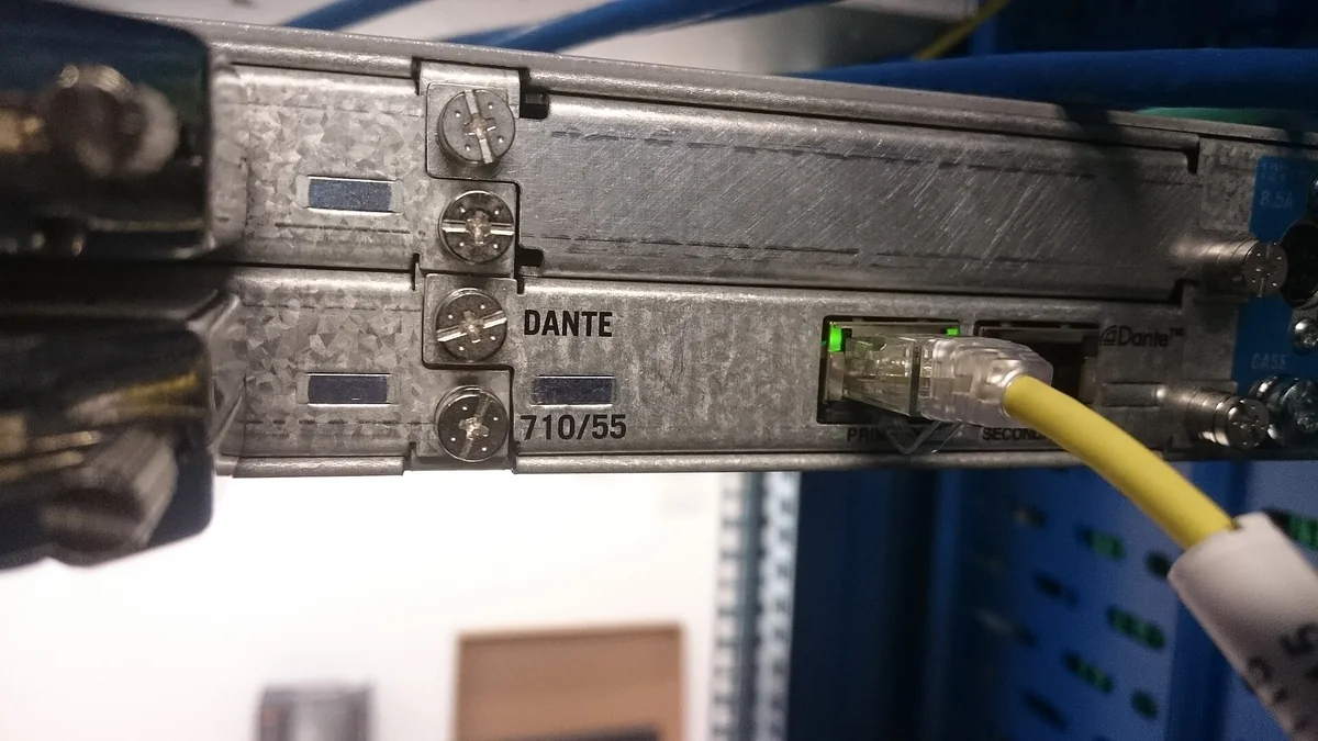 Dante audio-over-IP network interface card — used in modern networked audio installations